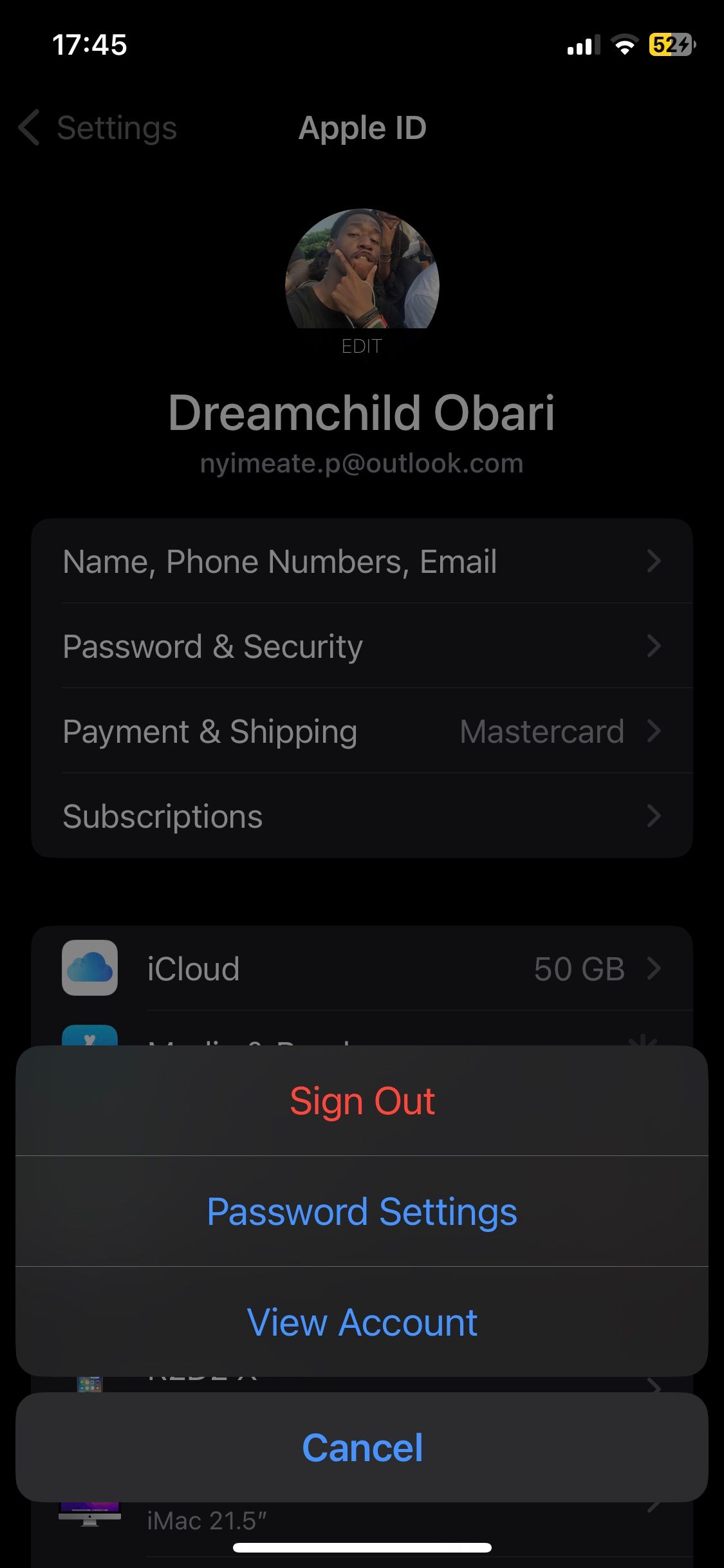 Media & Purchases sub-settings in Apple ID menu on iOS Settings
