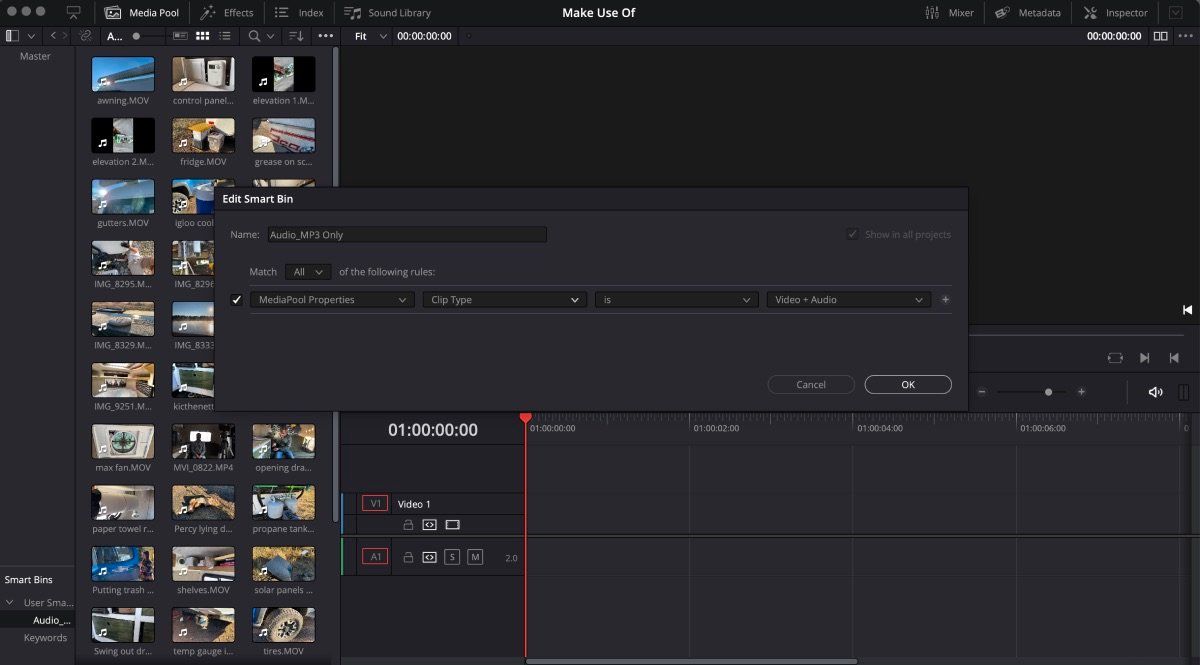 Edit Smart Bin on DaVinci Resolve open searching for video and audio clips