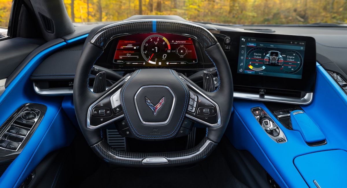 Blue and black interior of a 2024 Corvette E-Ray 