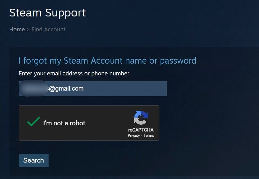 Click on Search Button on the Steam Support Page