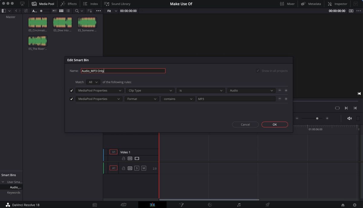 Edit Smart Bin on DaVinci Resolve opened selecting audio clips in only MP3 format