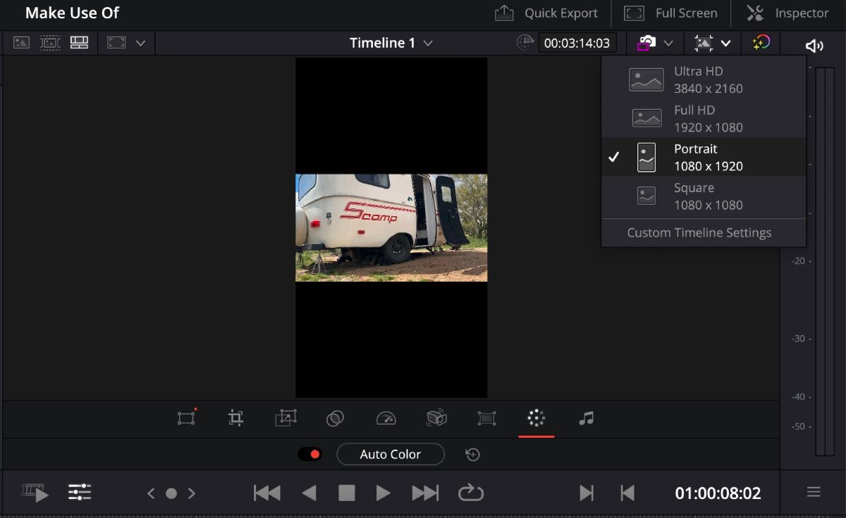 DaVinci Resolve's cut page is open, timeline resolution has been selected, different options for resolutions is visable