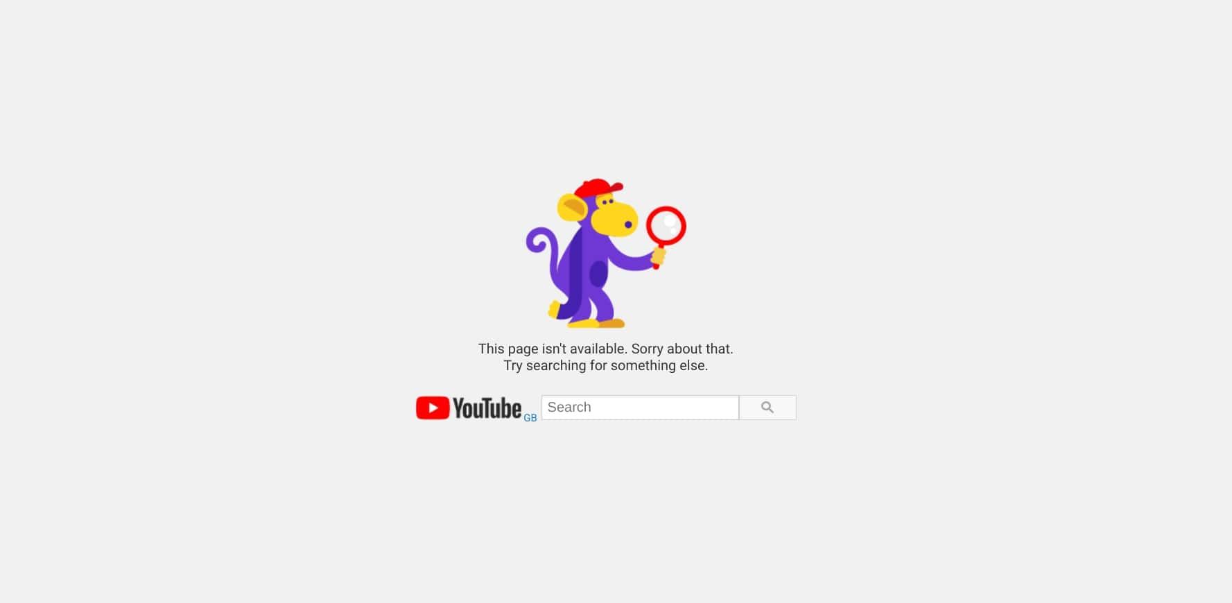 youtube page showing 404 error