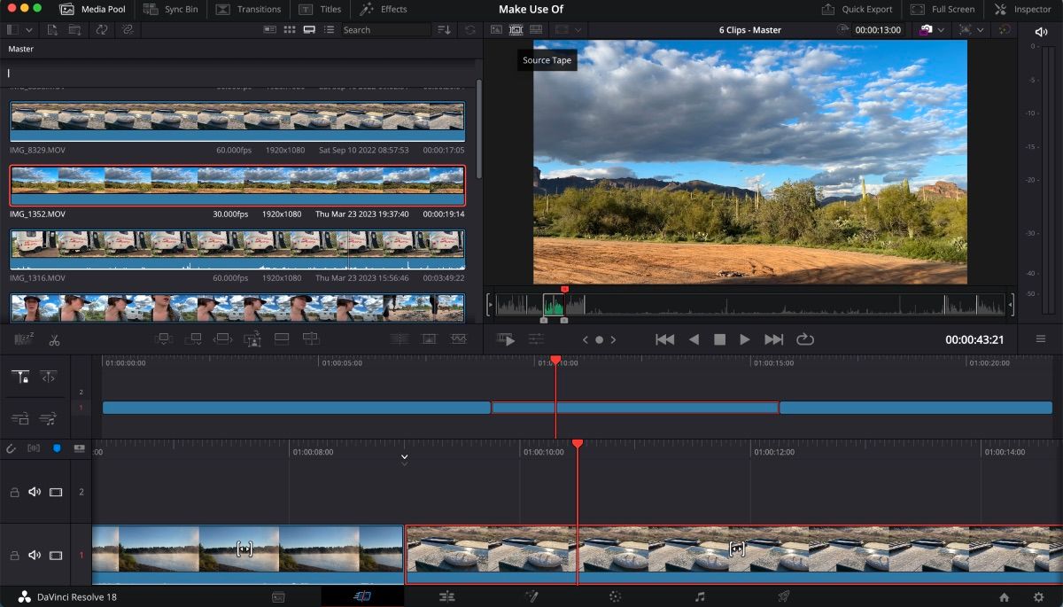 DaVinci Resolve's cut page is open, source page has been selected, all the clips are on the preview window timeline