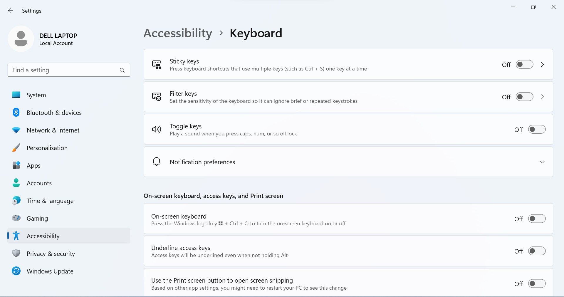 Disable Certain Keyboard Settings in the Windows Settings App