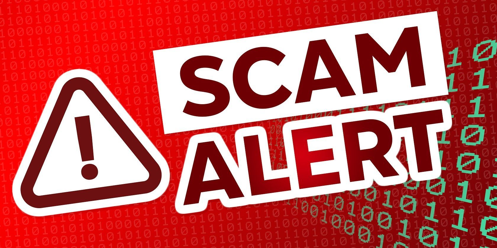 a red digital scam alert graphic with binary code in background