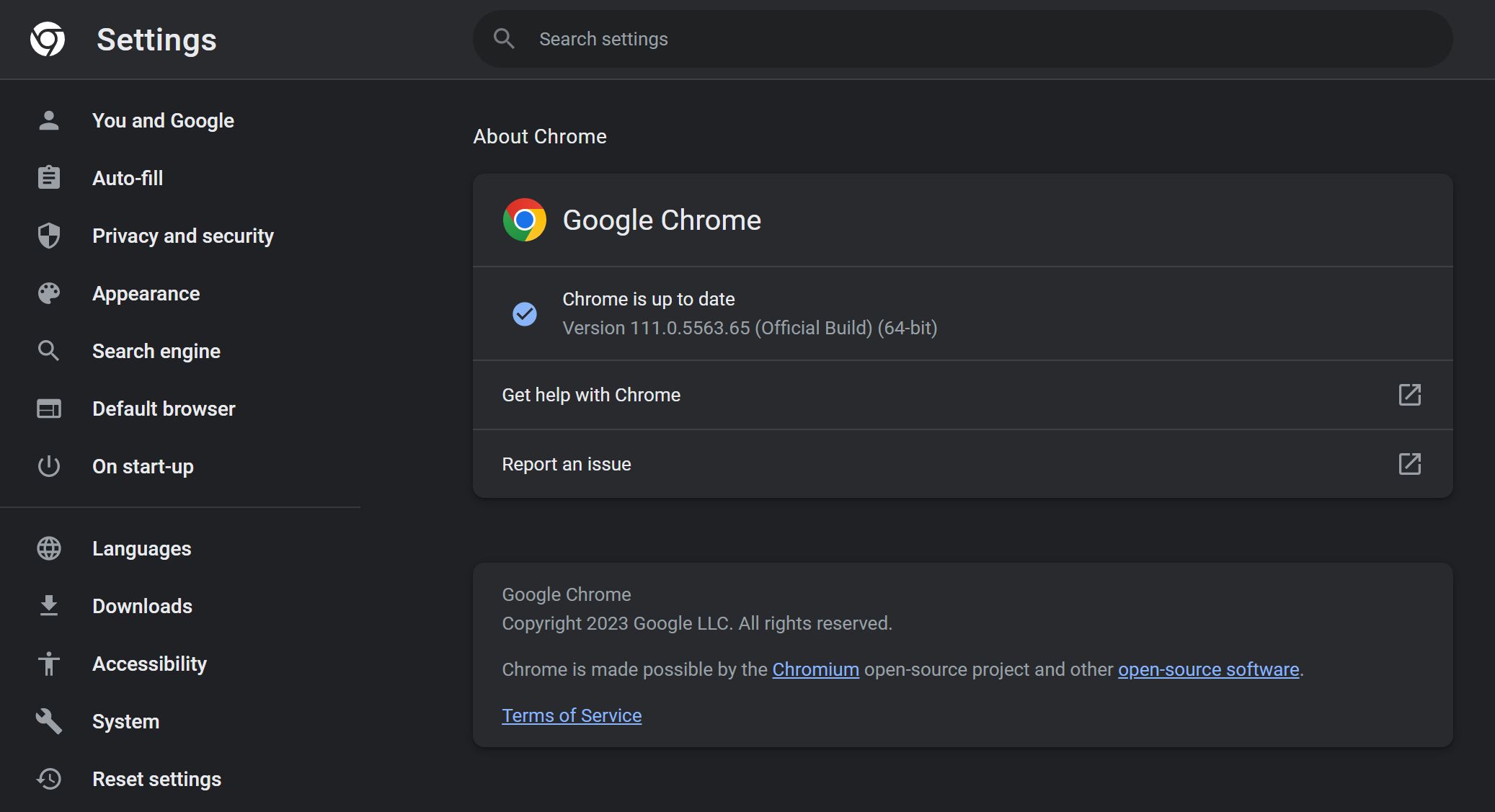 about chrome settings page