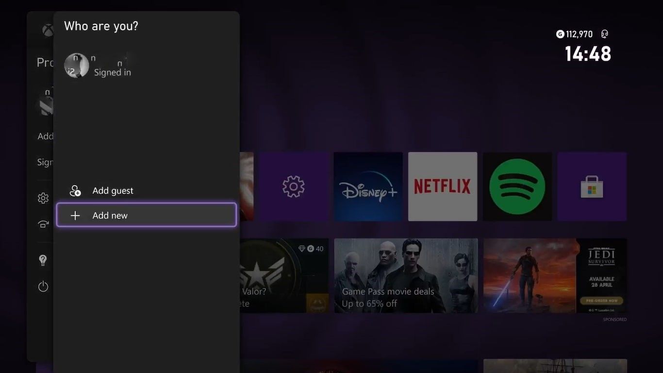 A screenshot of the options for adding or switching accounts on an Xbox Series X with Add New highlighted 
