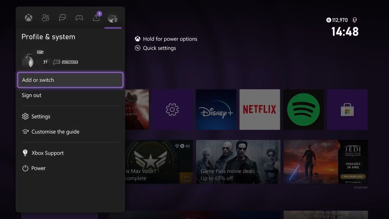 A screenshot of the options for Profile and System on an Xbox Series X with Add or Switch highlighted 