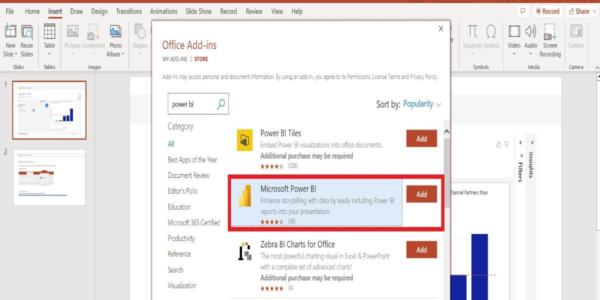 Showing a pop up with the Power BI Add-in to add in PowerPoint