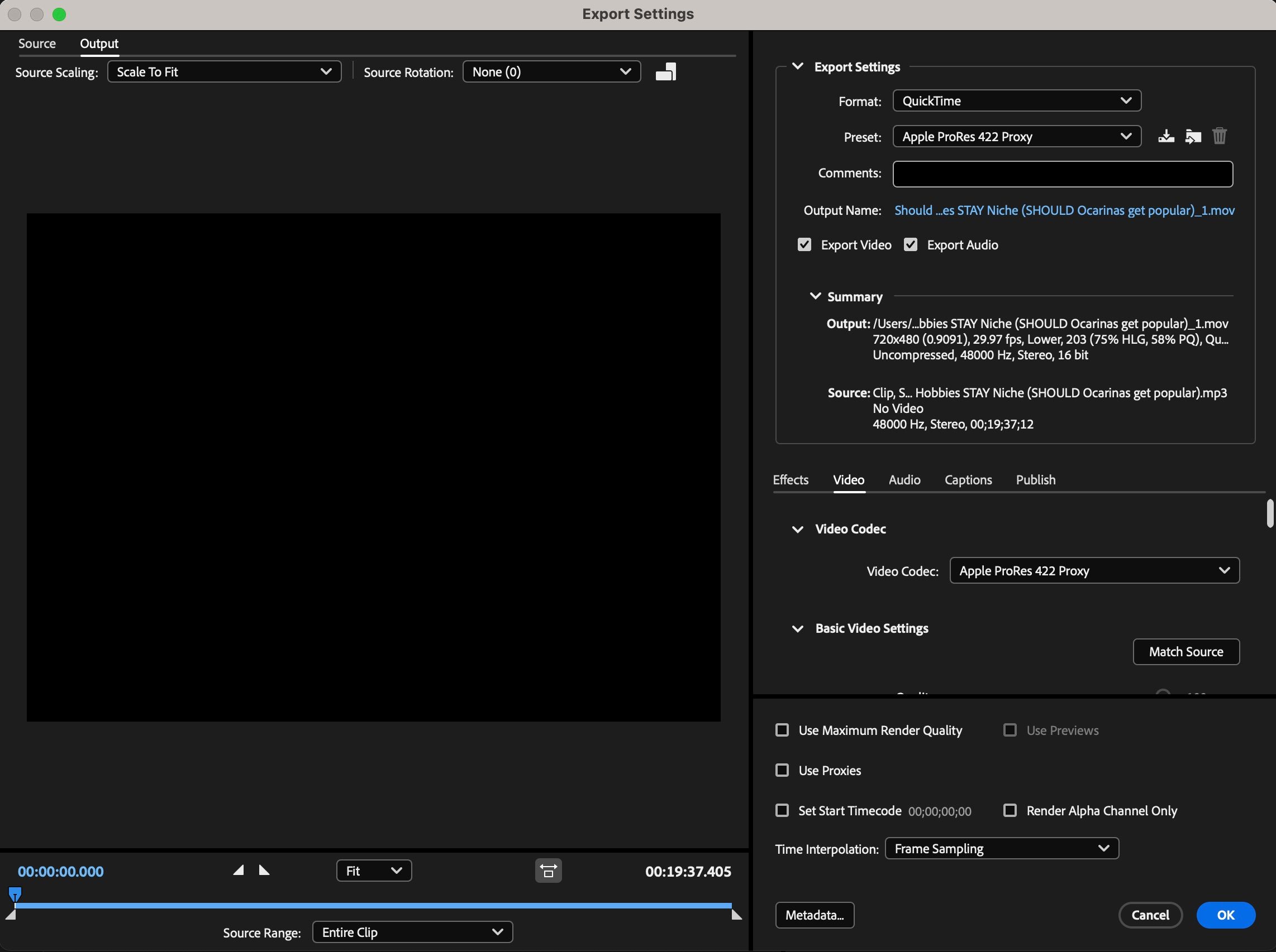 Adobe Media Encoder settings to create a dummy video out of marked audio