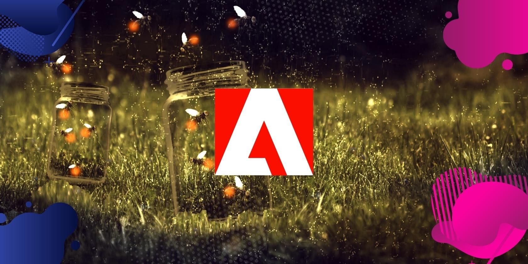Jar of fireflies in field with Adobe logo overlaid.
