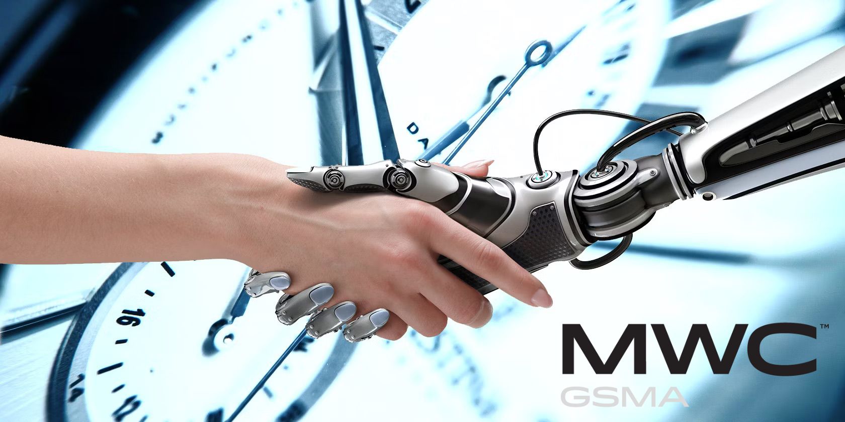 Main humaine tenant la main du robot avec le logo MWC dans le coin inférieur droit