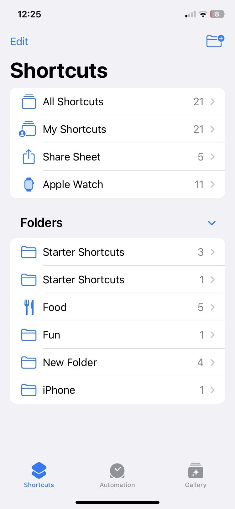 all folders in the Shortcuts app