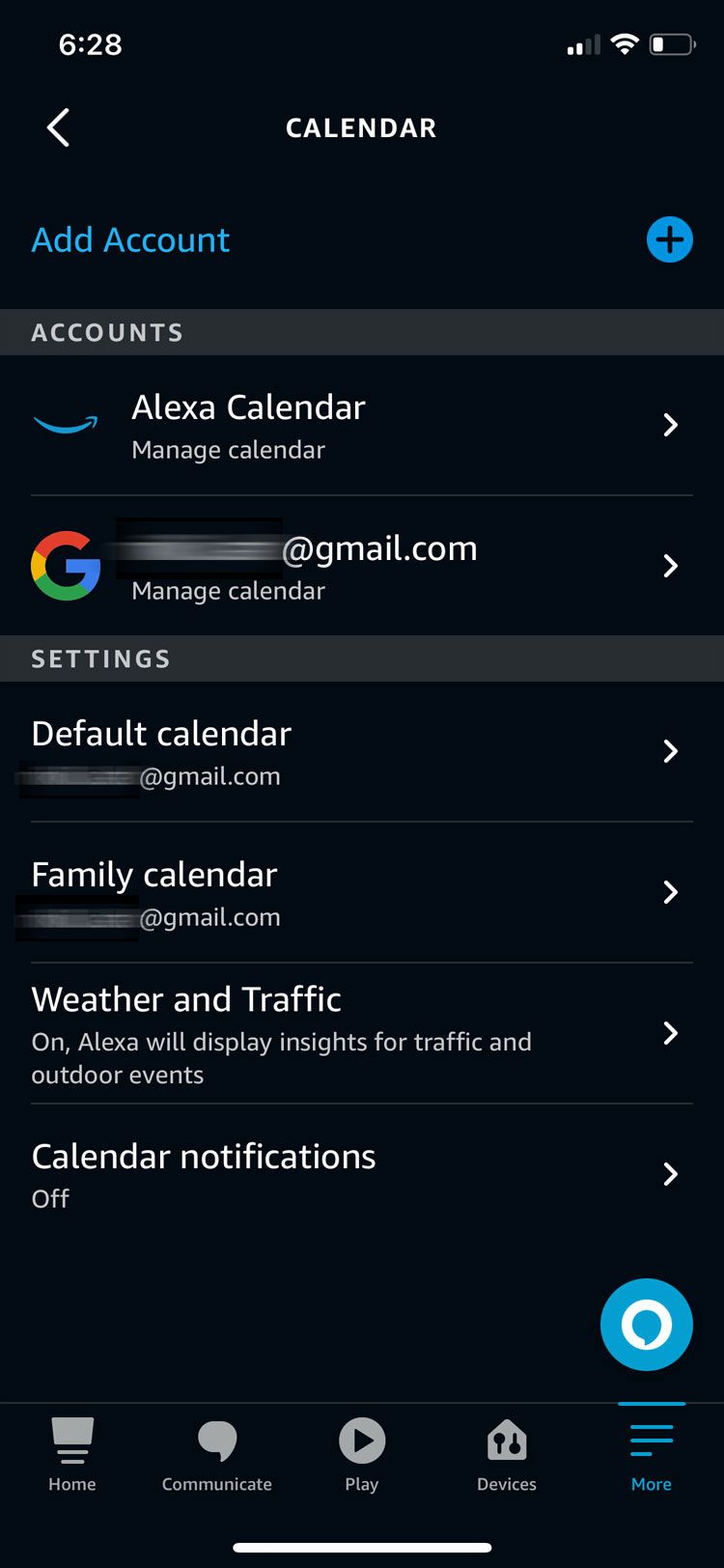 Amazon Alexa calendar accounts and settings