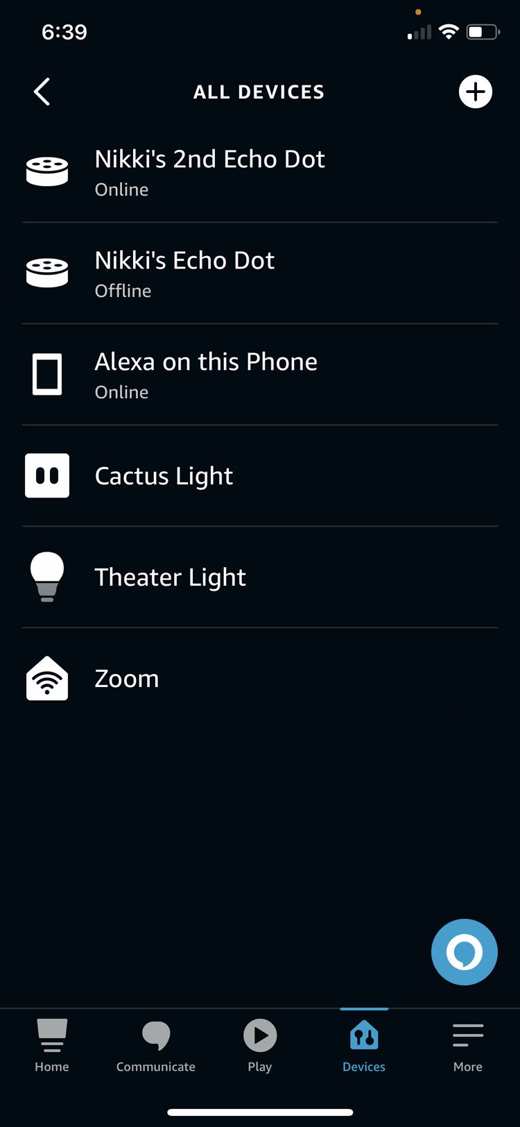 Amazon Alexa All Devices screen in Alexa app