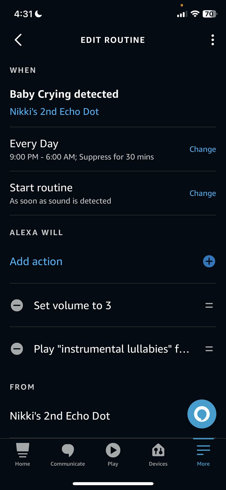 Amazon Alexa App edit Soothe Baby Routine actions section