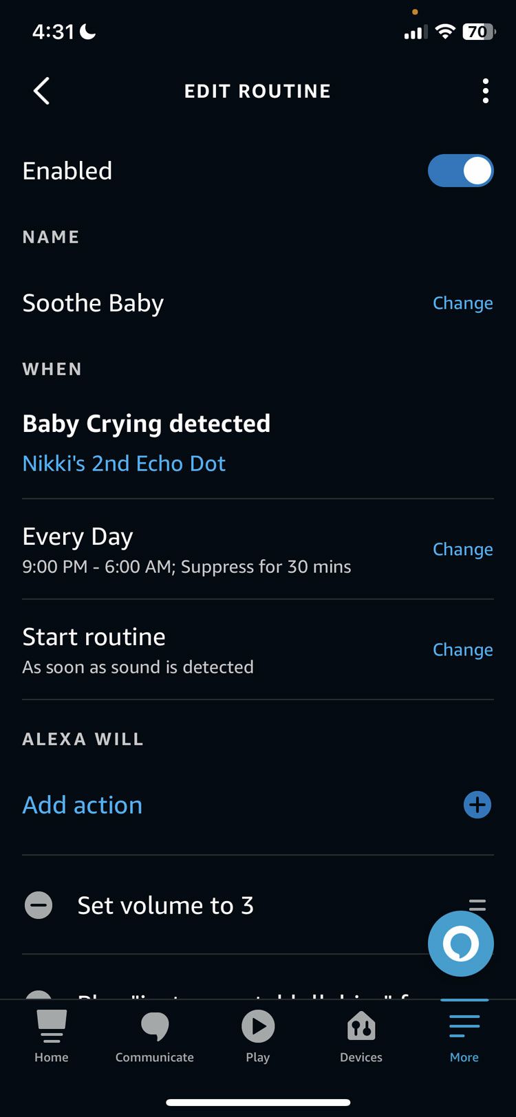 Amazon Alexa App edit Soothe Baby Routine