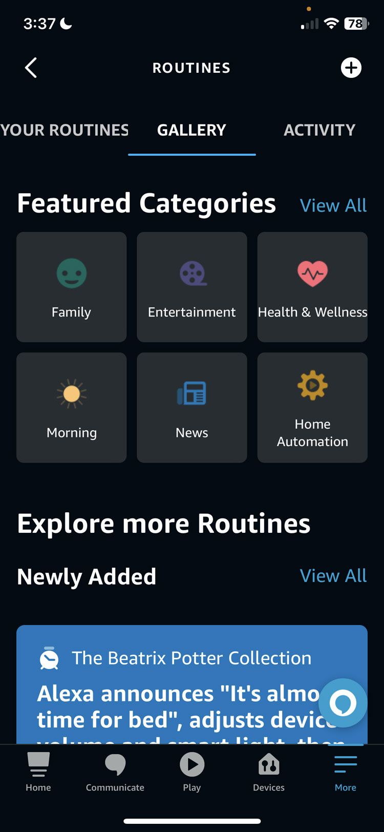 Amazon Alexa App Routines Gallery tab