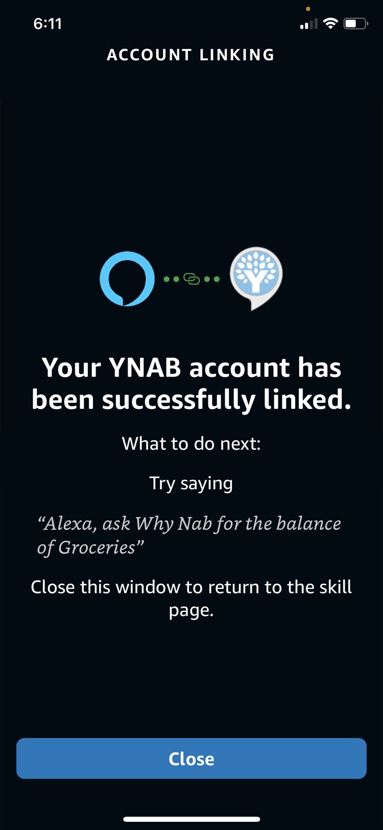 Amazon Alexa YNAB account successfully linked
