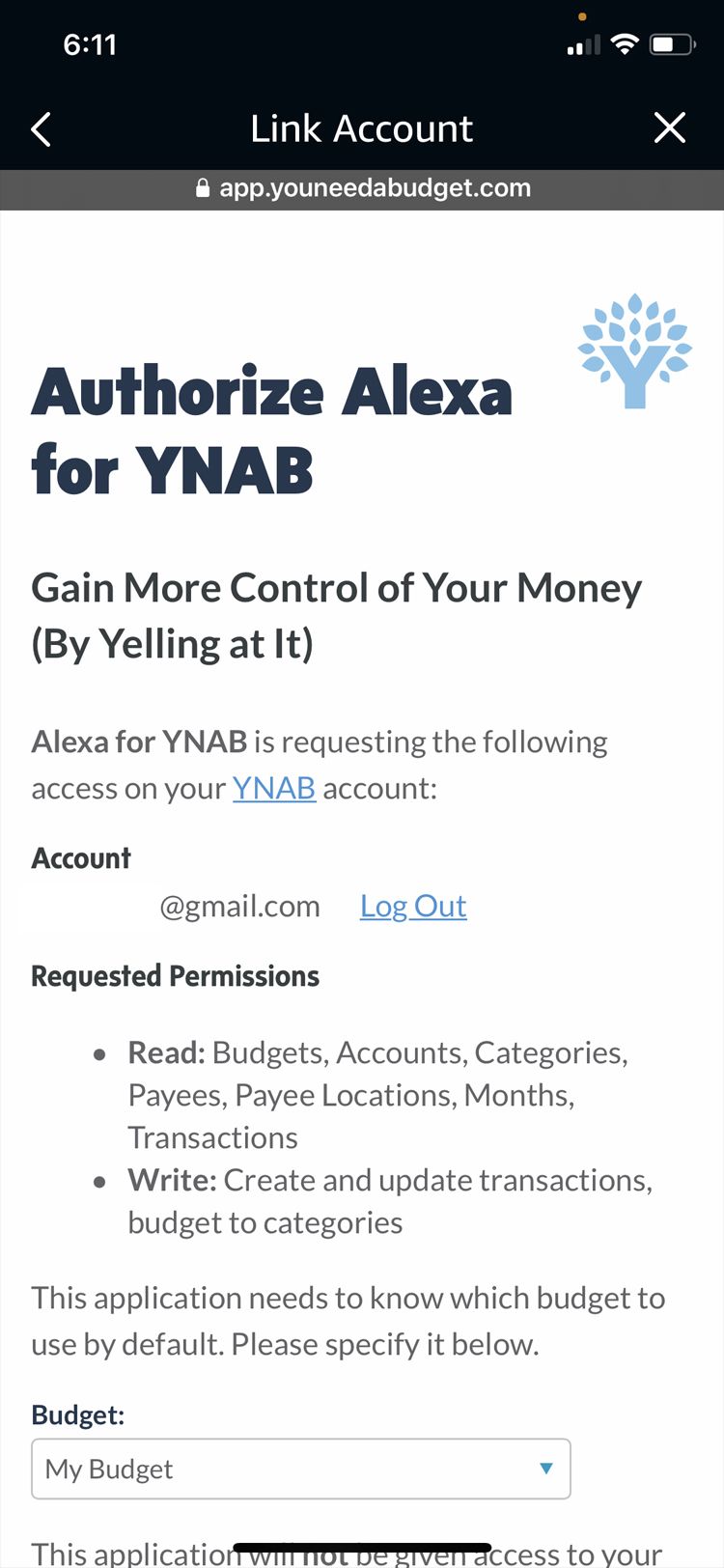 Amazon Alexa YNAB Authorize Alexa via Alexa app