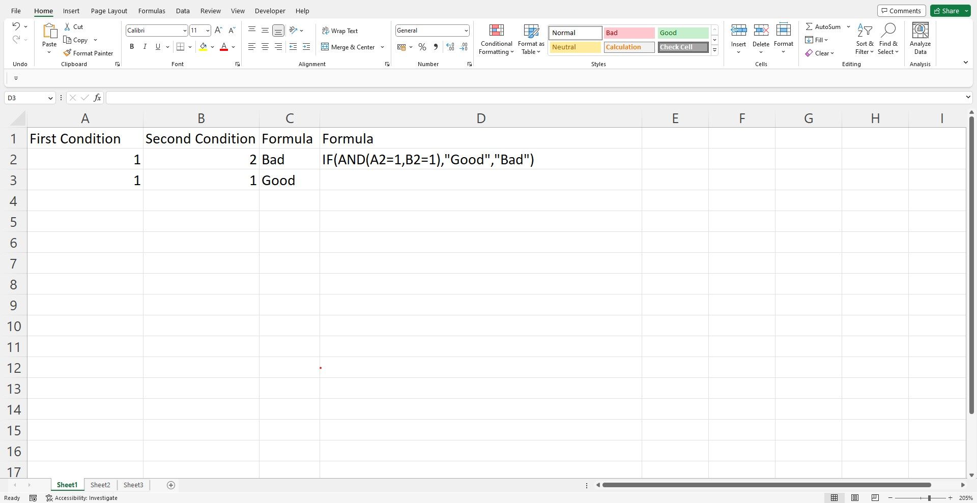 Sample data with the use of and function in an Excel spreadsheet