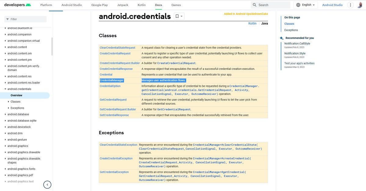 کلاس ها و استثناهای Credential Manager در اندروید 14