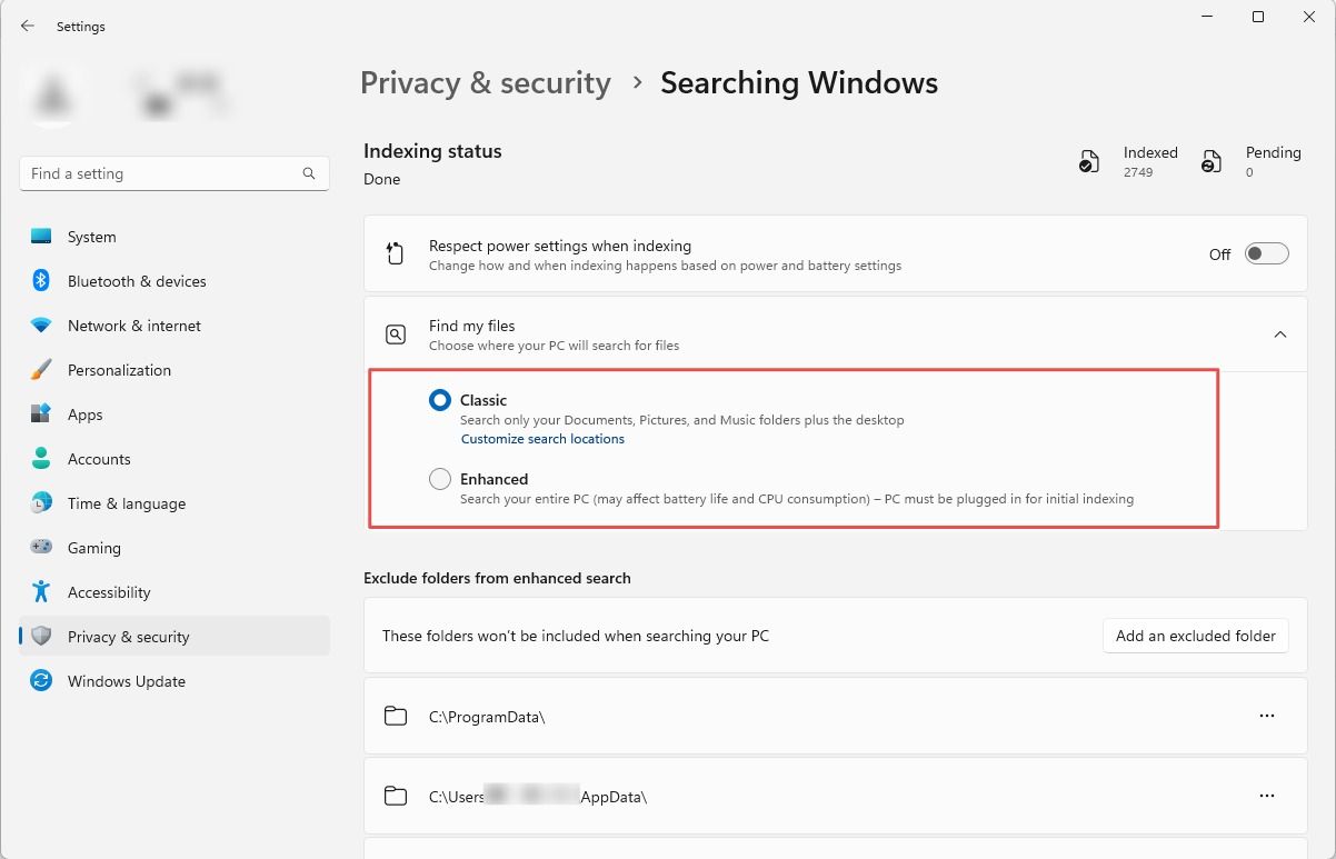 Screenshot Showing Windows 11 Enhanced Search Settings