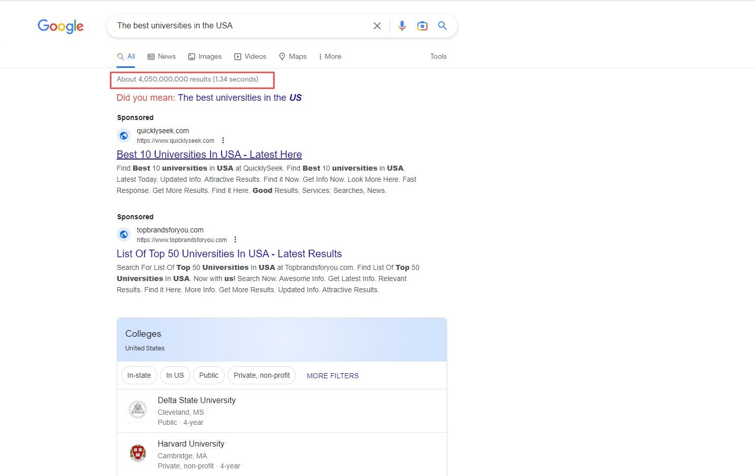 Screenshot showing search results using longtail keywords