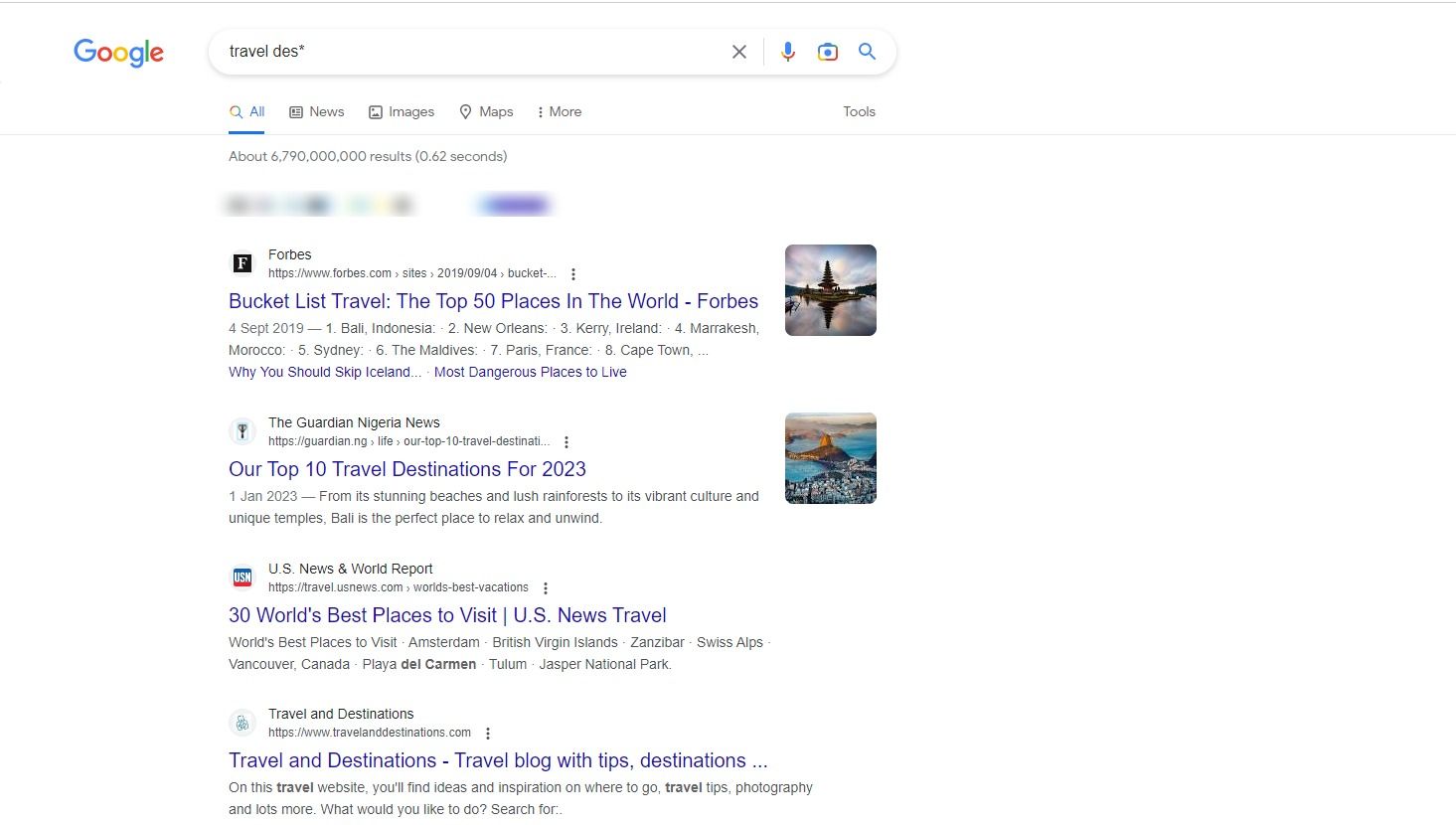 Screenshot showing search results using asterisks as a wildcard