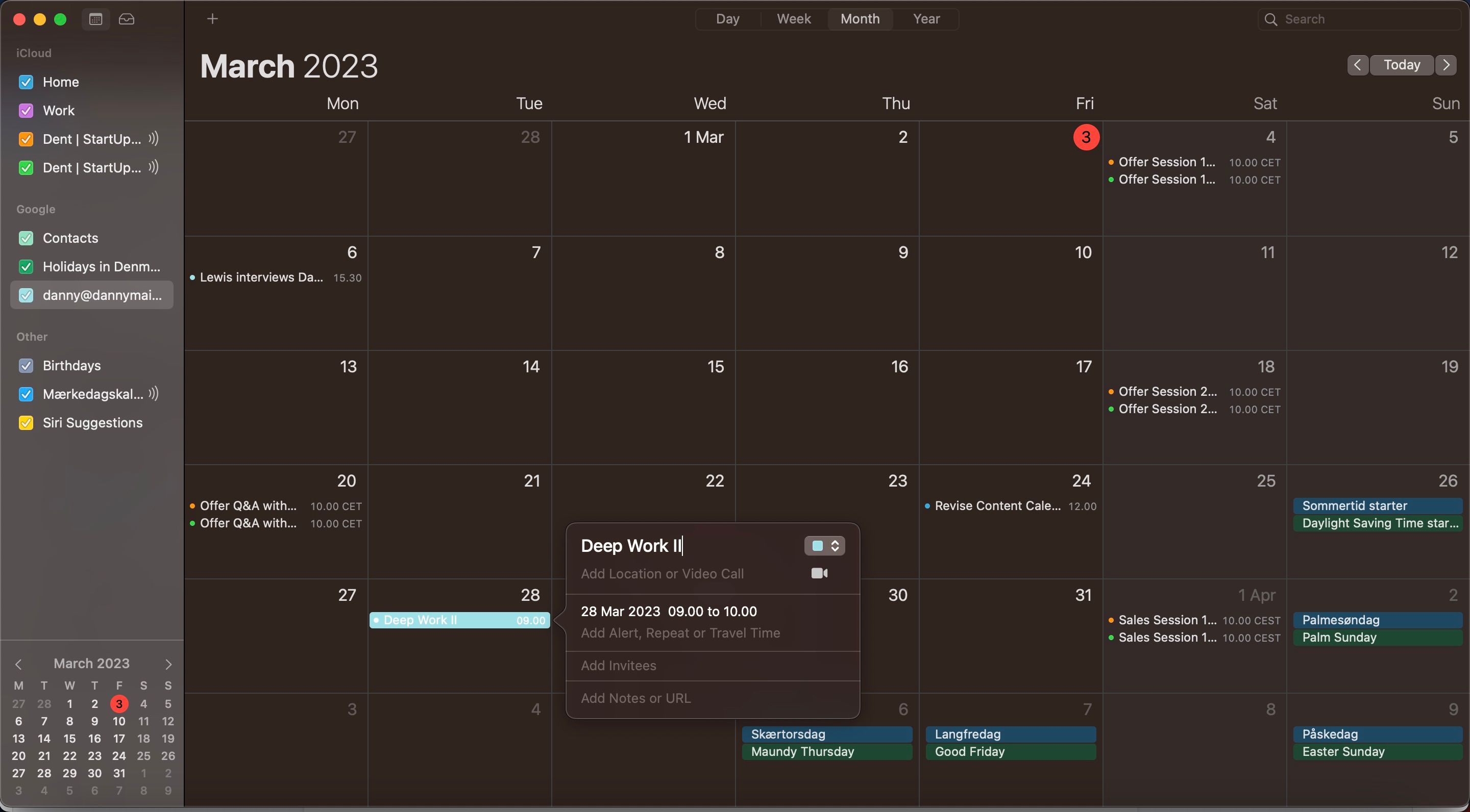 Apple Calendar Deep Work Scheduling Screenshot