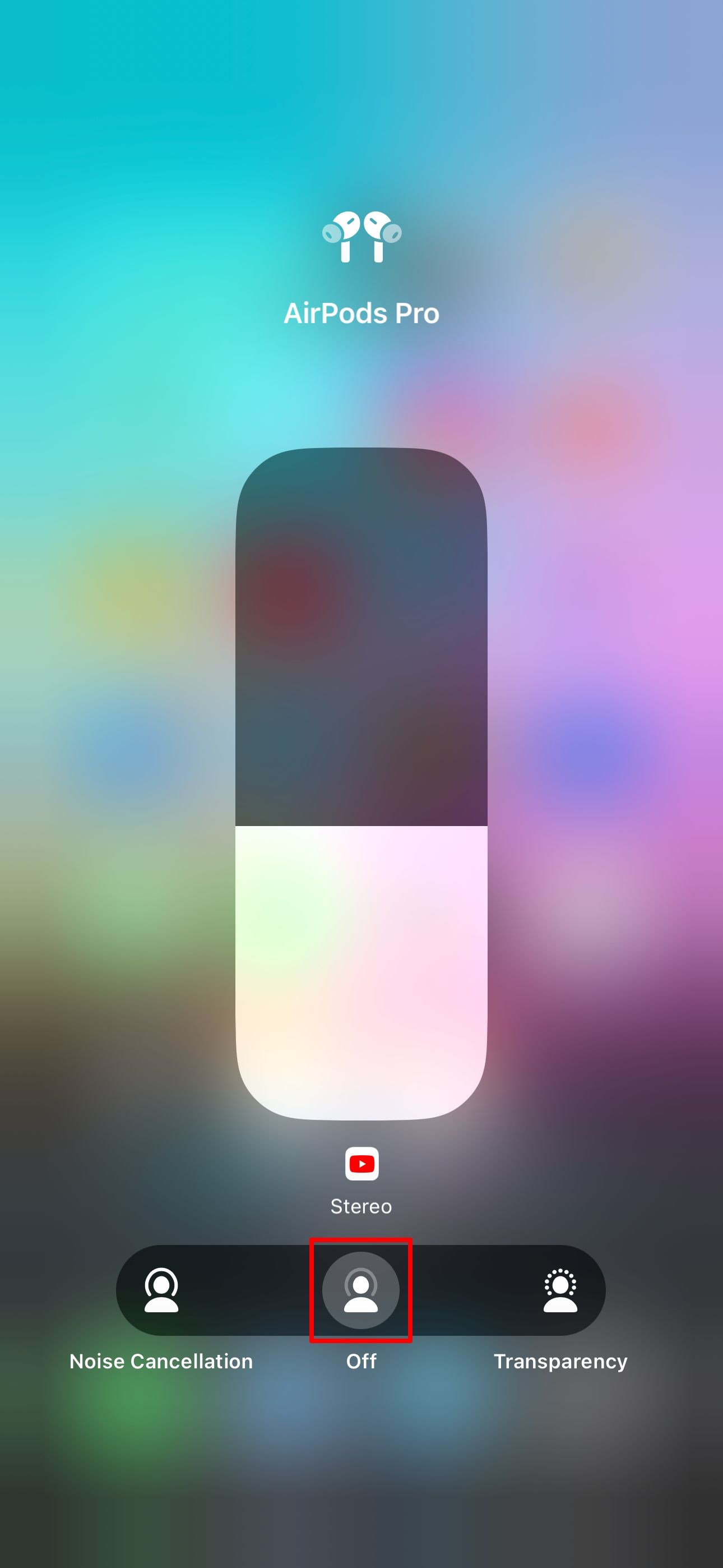 The iPhone Control Center showing AirPods noise cancellation turned off