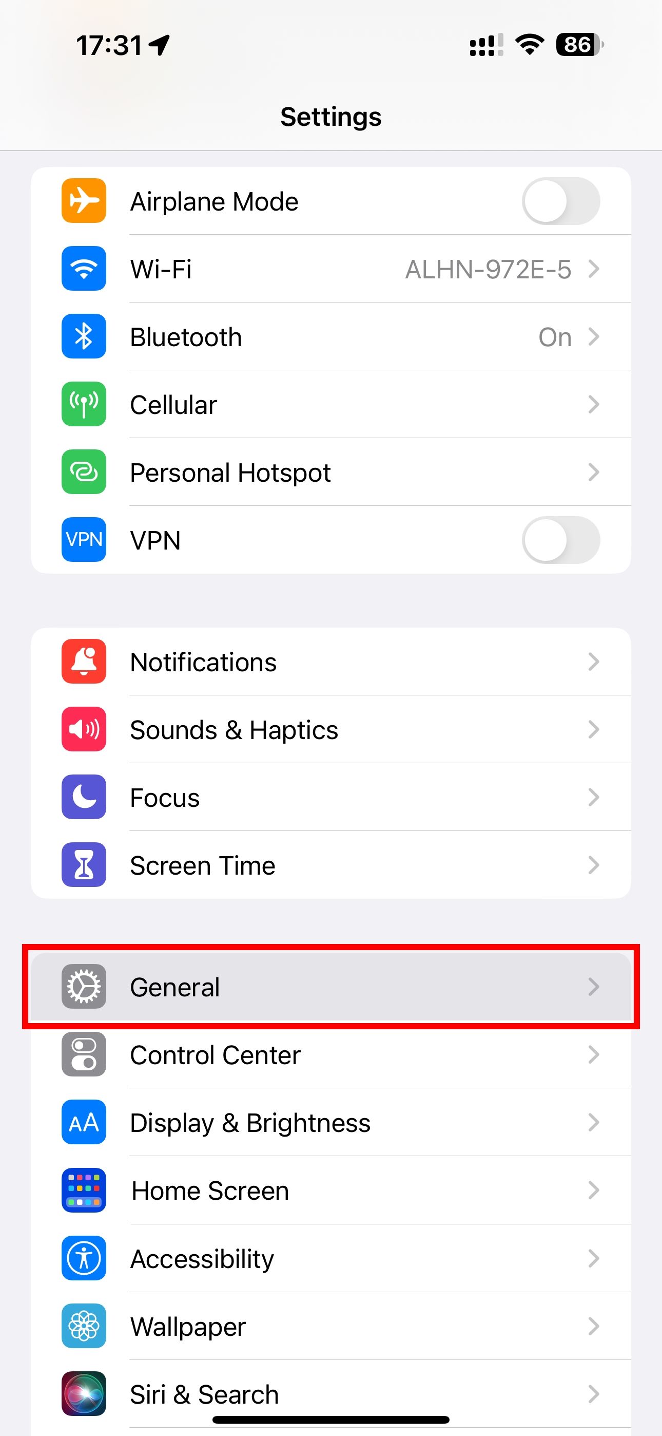Apple iOS 16.3 iPhone Settings app General option highlighted