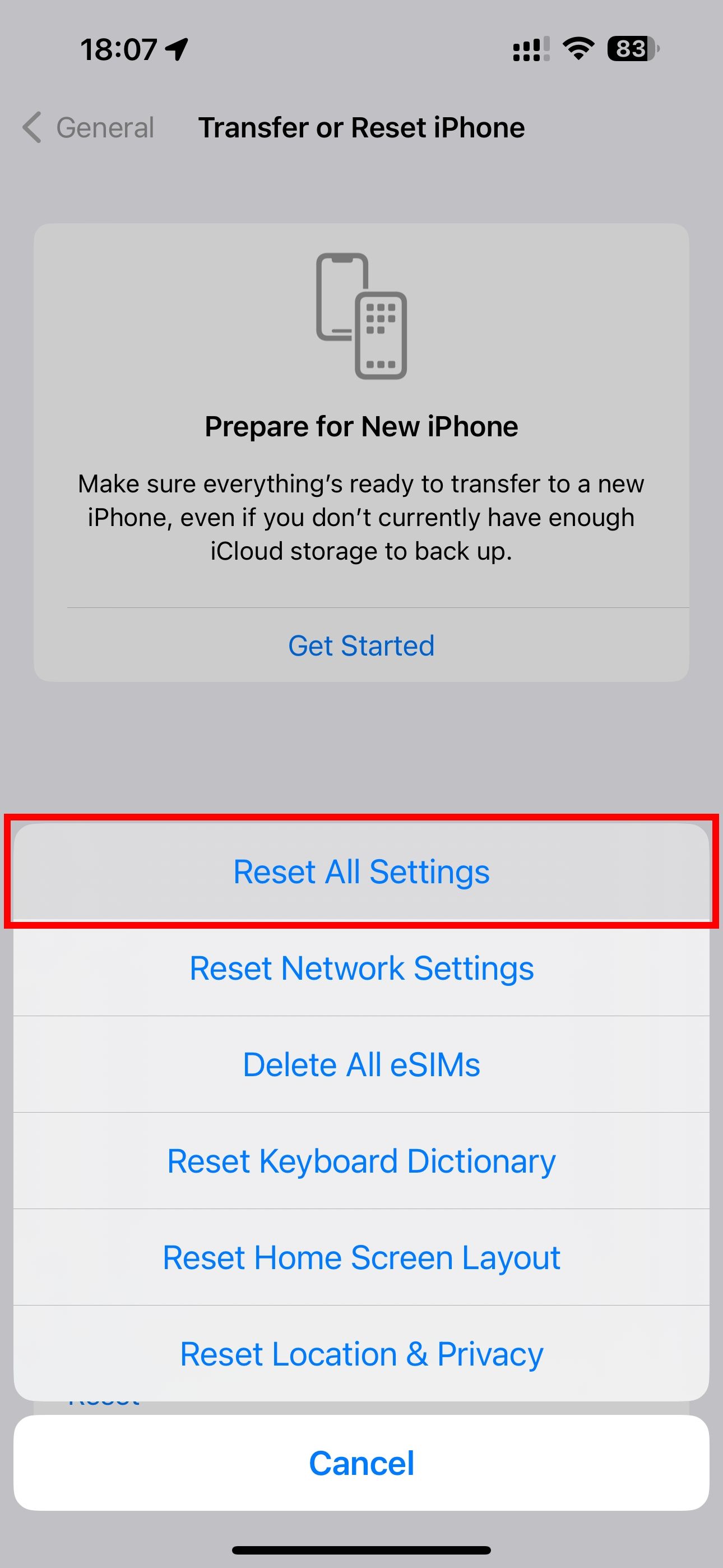 The iPhone Settings app with the Reset All Settings highlighted