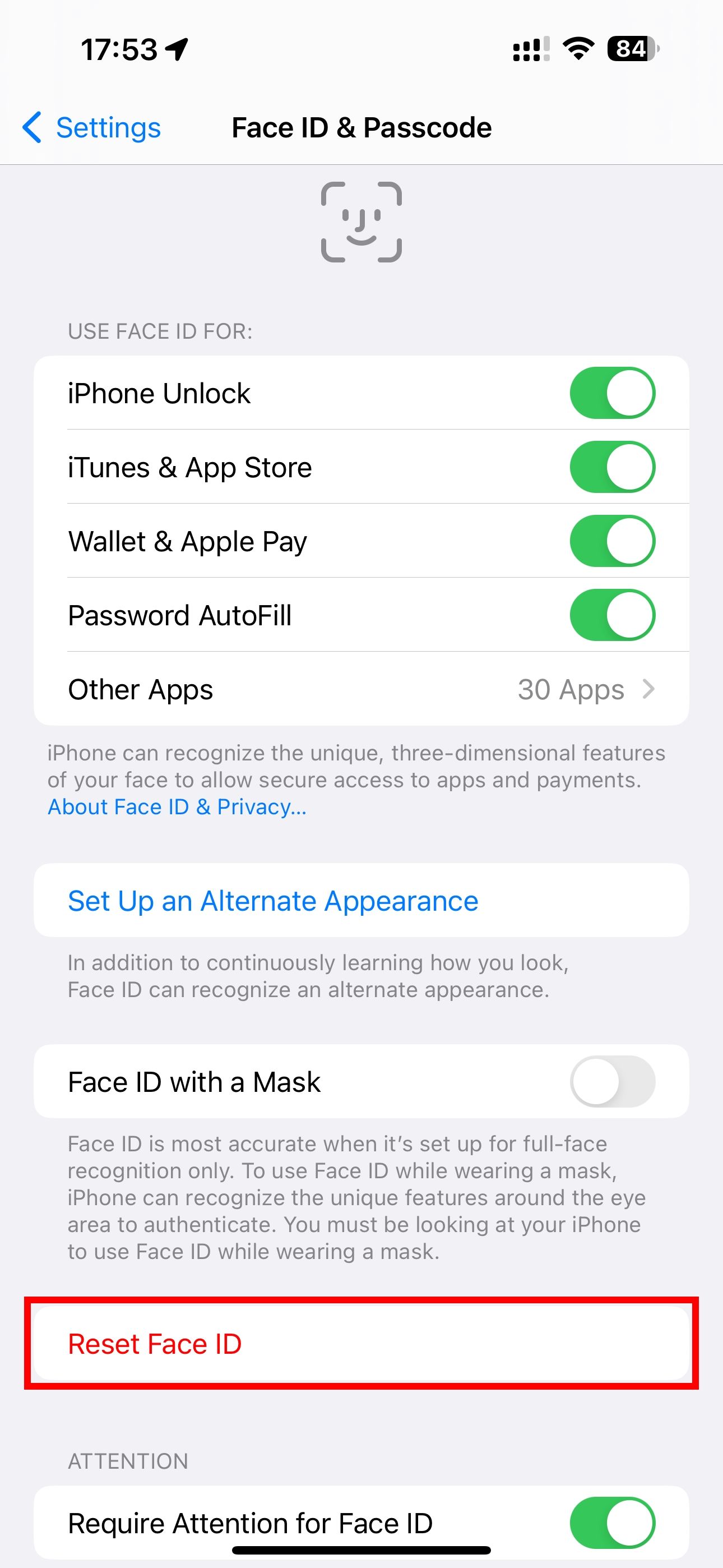 The iPhone Settings app with the Reset Face ID option highlighted