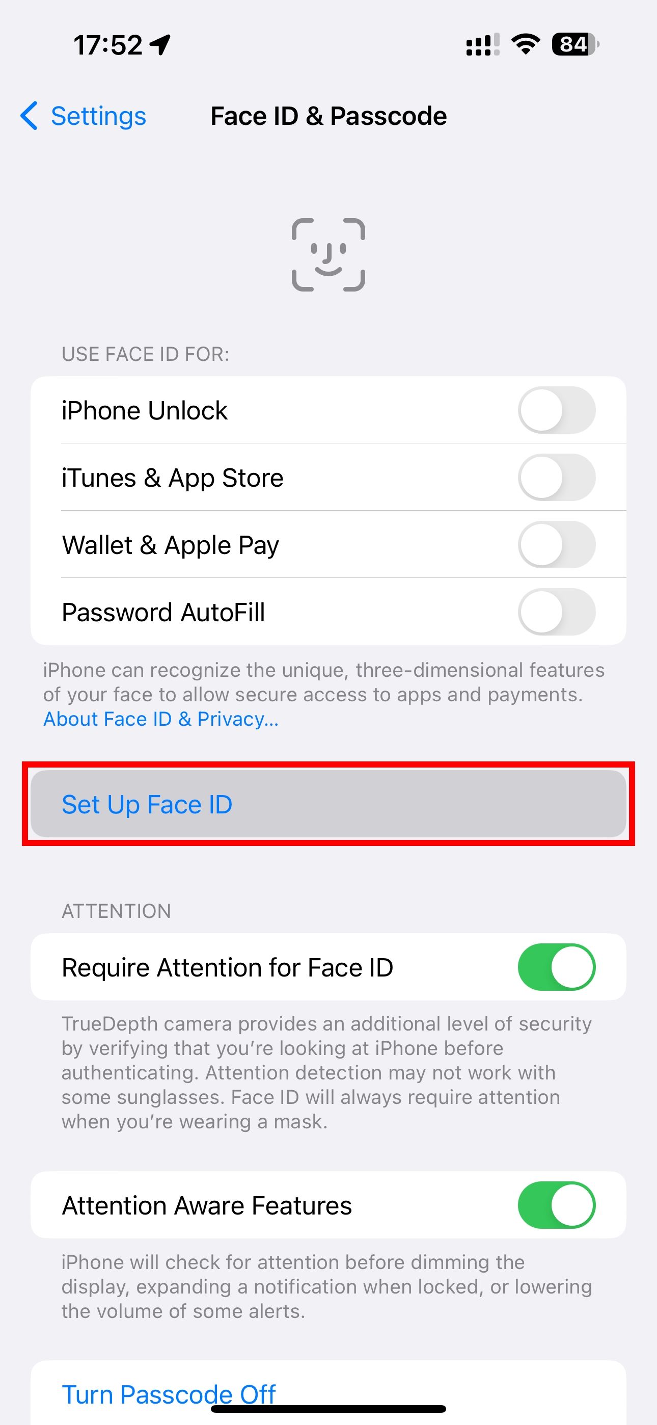 Apple iOS 16.3 iPhone Settings app Set Up Face ID option highlighted