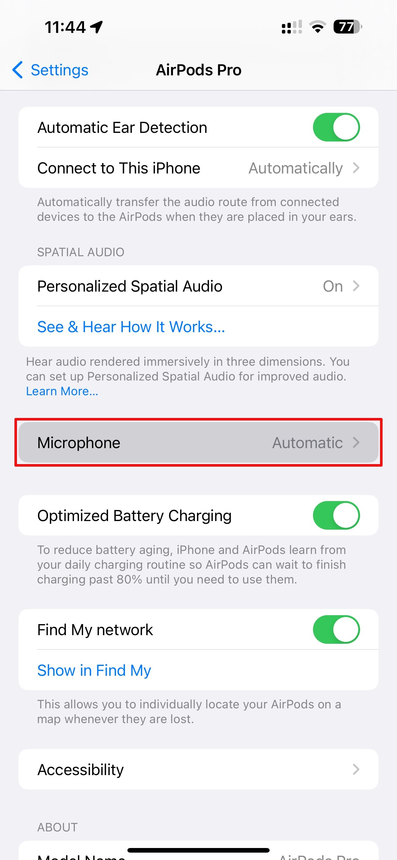 The iPhone Settings app with the AirPods Microphone option highlighted