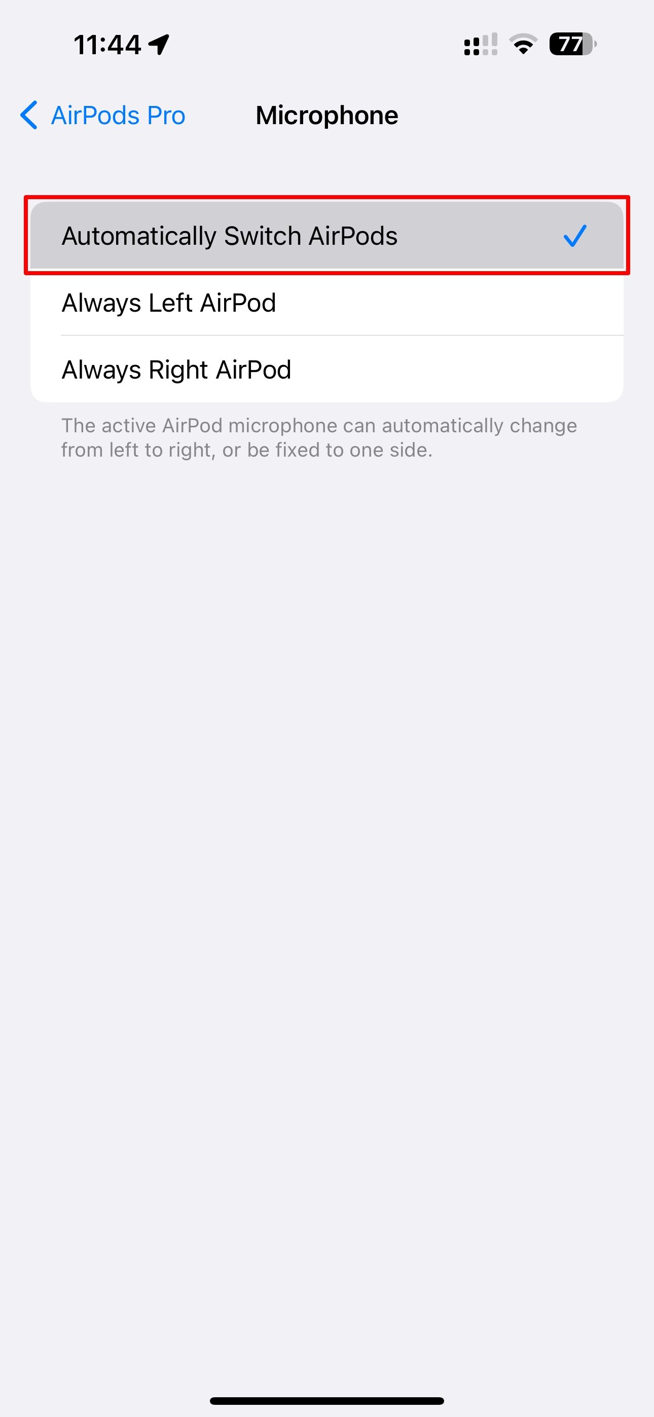 The iPhone Settings app highlighting the Automatically Switch AirPods option