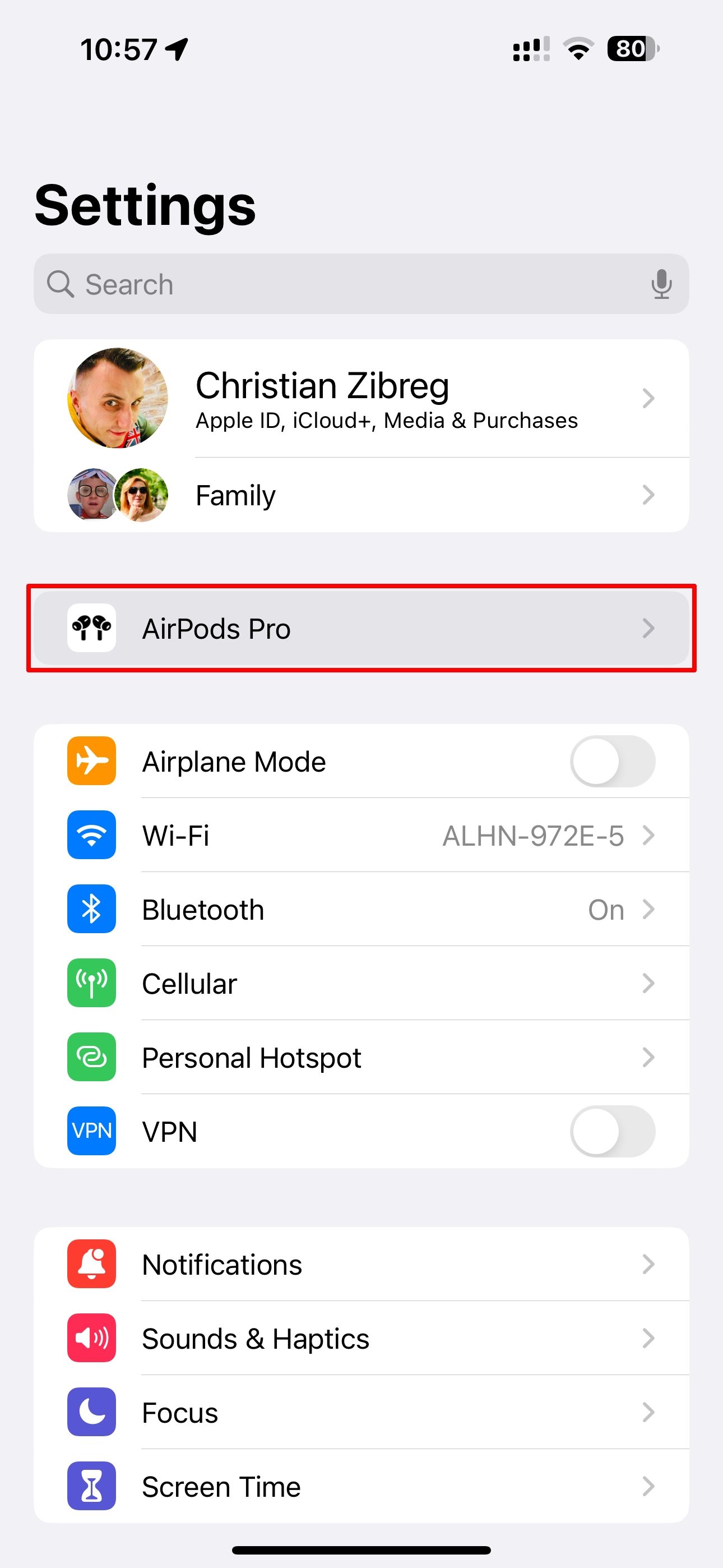AirPods highlighted in the root menu of the iPhone Settings app