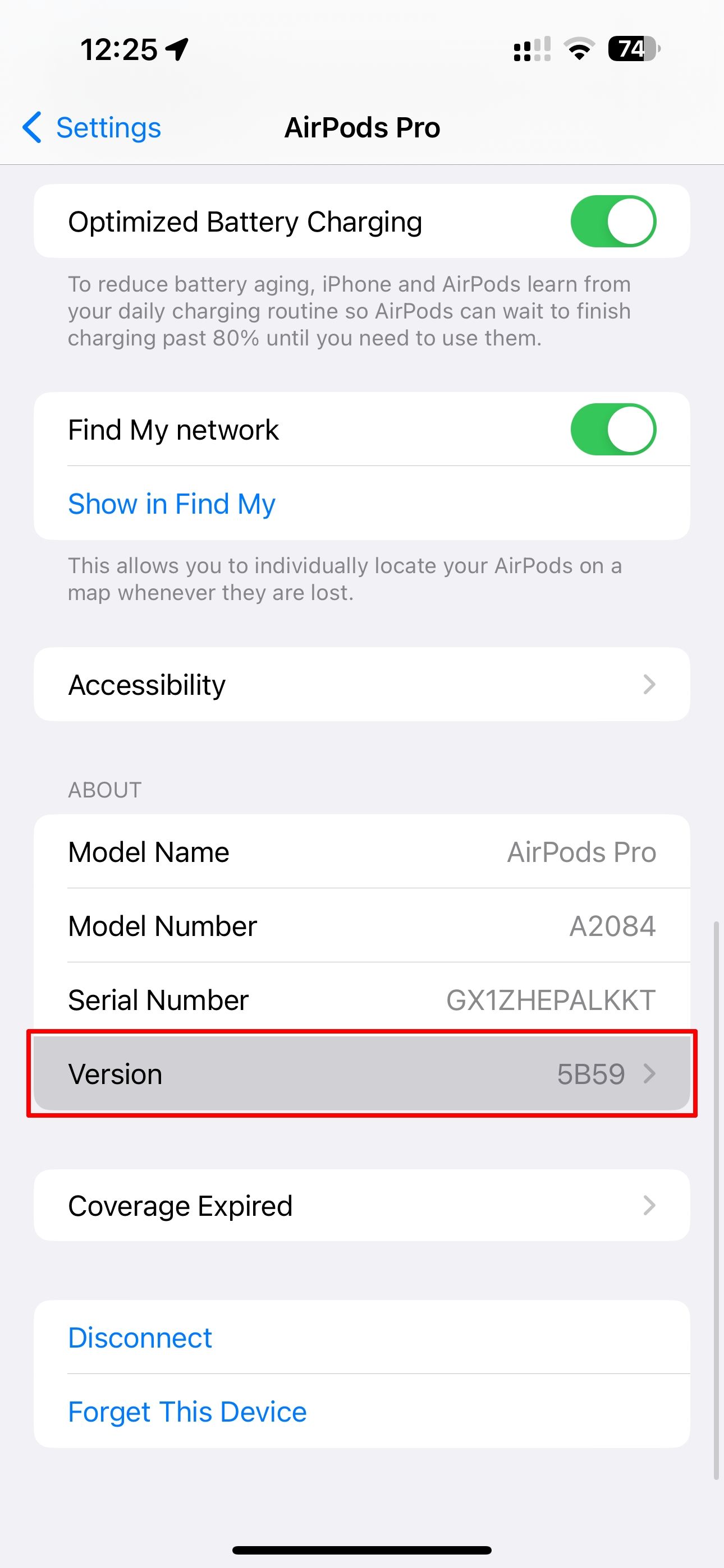 Opsi Versi AirPods disorot di aplikasi Pengaturan iPhone