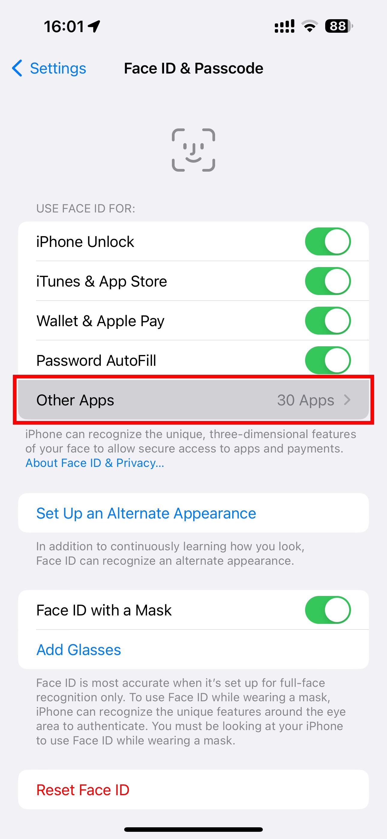 Face ID settings on iPhone with the Other Apps option highlighted