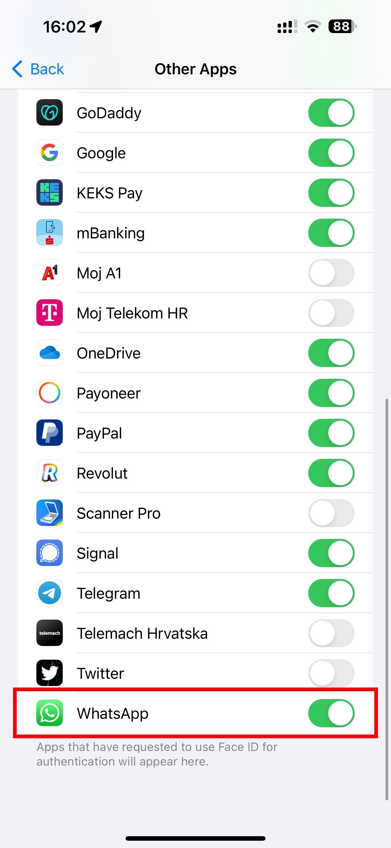 Face ID settings on iPhone with WhatsApp highlighted in the Other Apps section