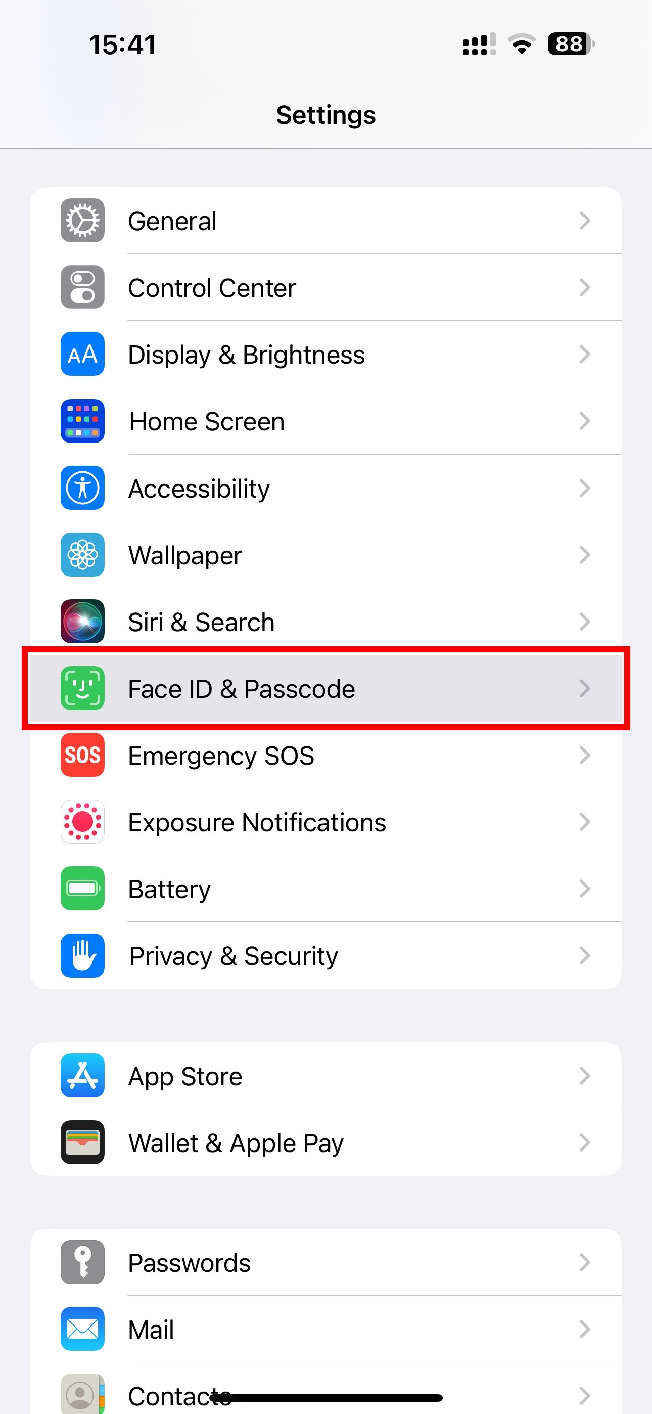 The iPhone Settings app with the Face ID and Passcode option highlighted