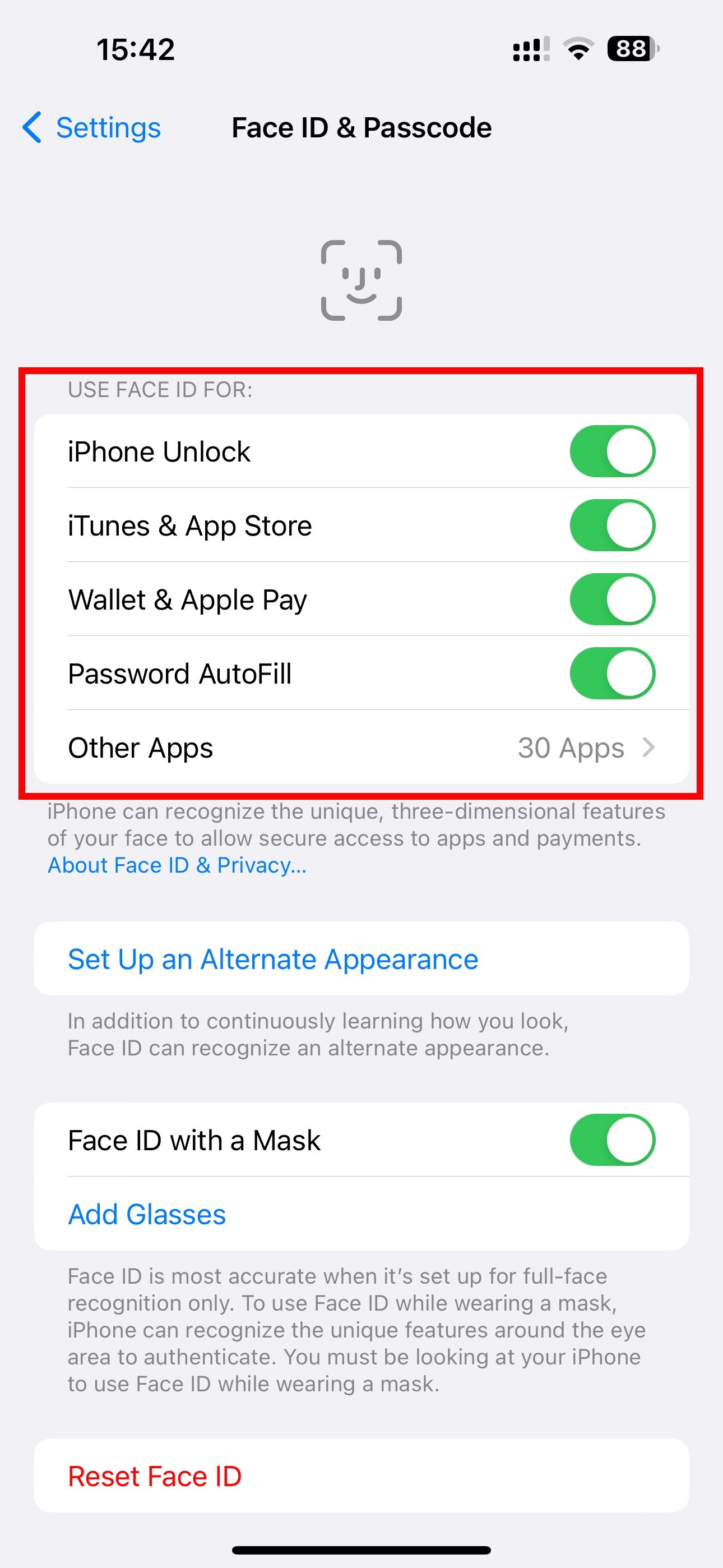 The Face ID and Passcode settings on iPhone with the Use Face ID For section highlighted