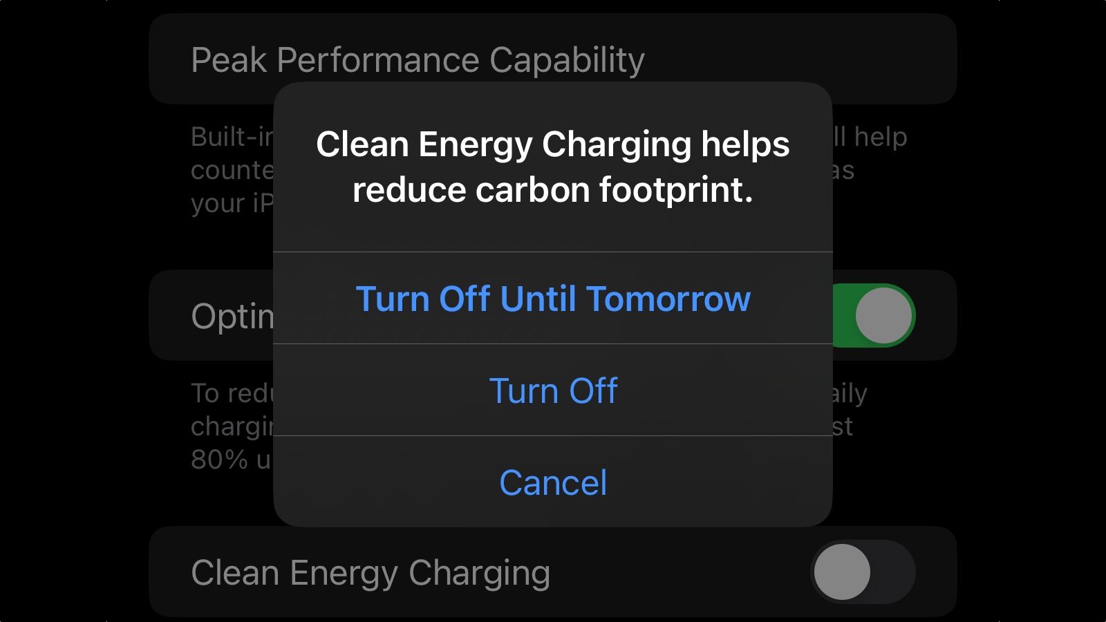 Confirmation prompt when disabling the Clean Energy Charging feature on iPhone