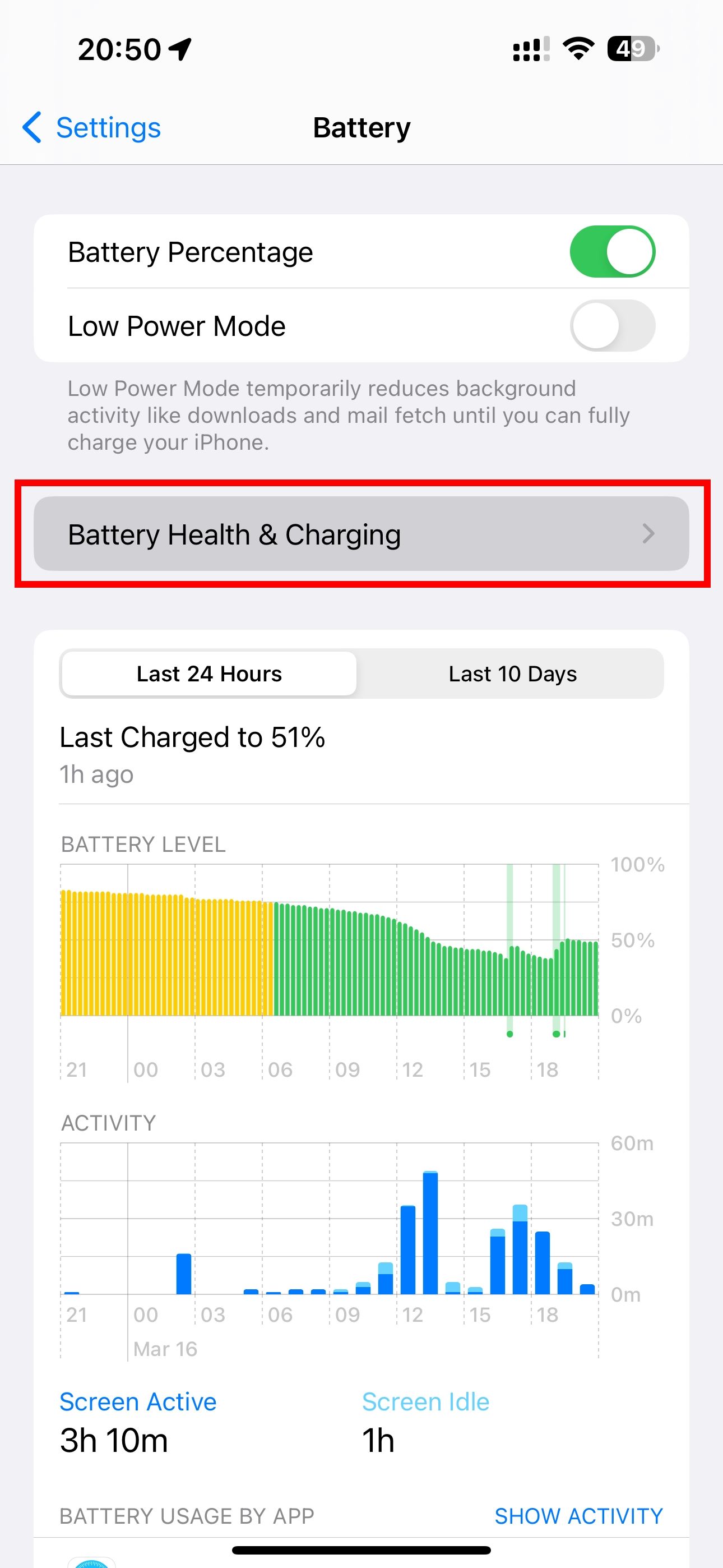 Settings in iOS 16 with the Battery Health and Charging option selected