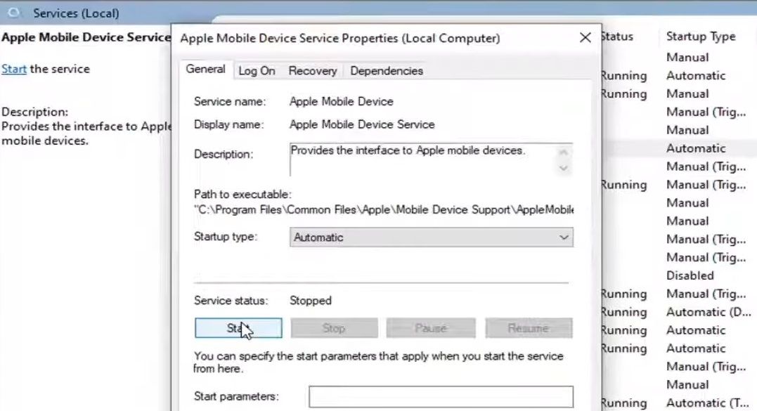 The Apple Mobile Device Service window 