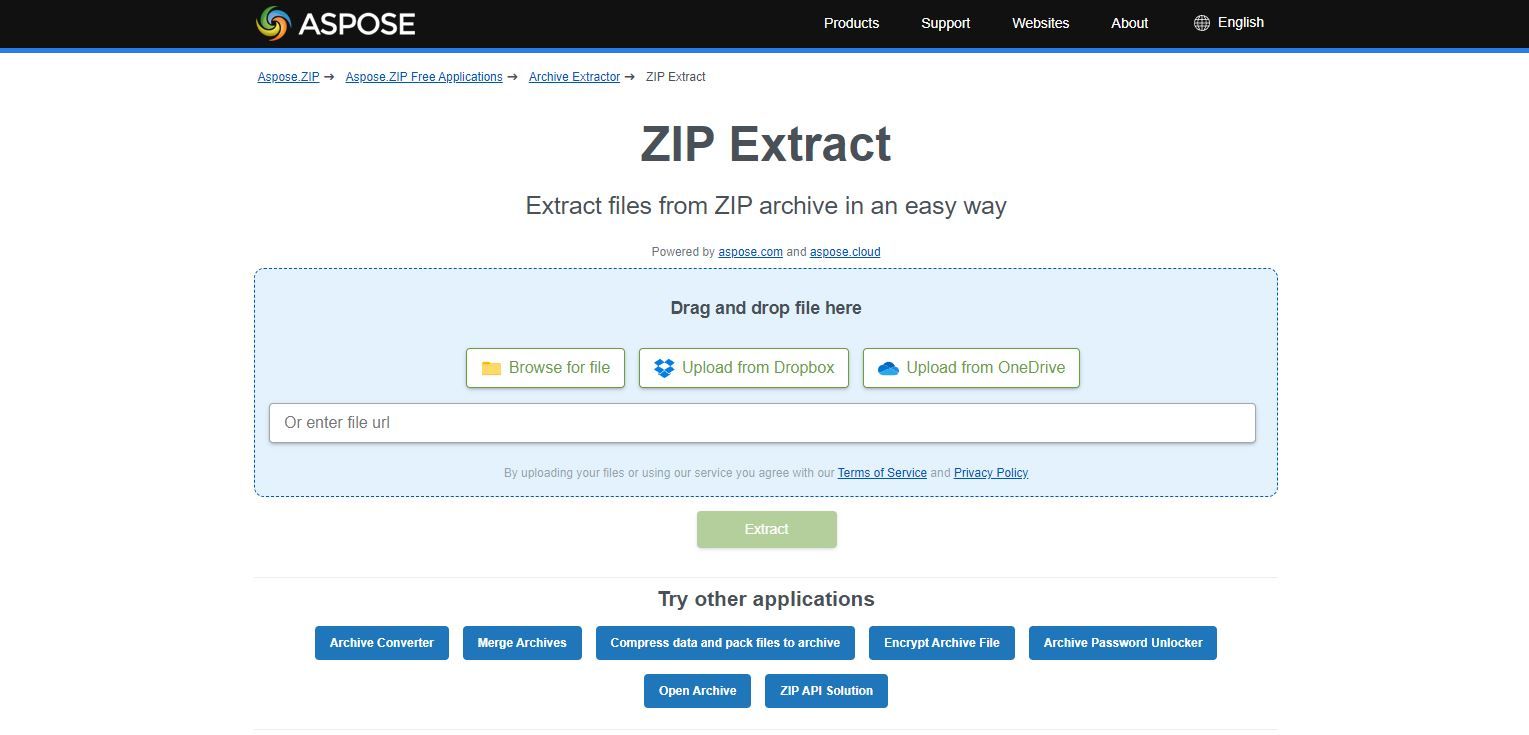 A Screenshot of the Aspose ZIP Unzipper Landing Page
