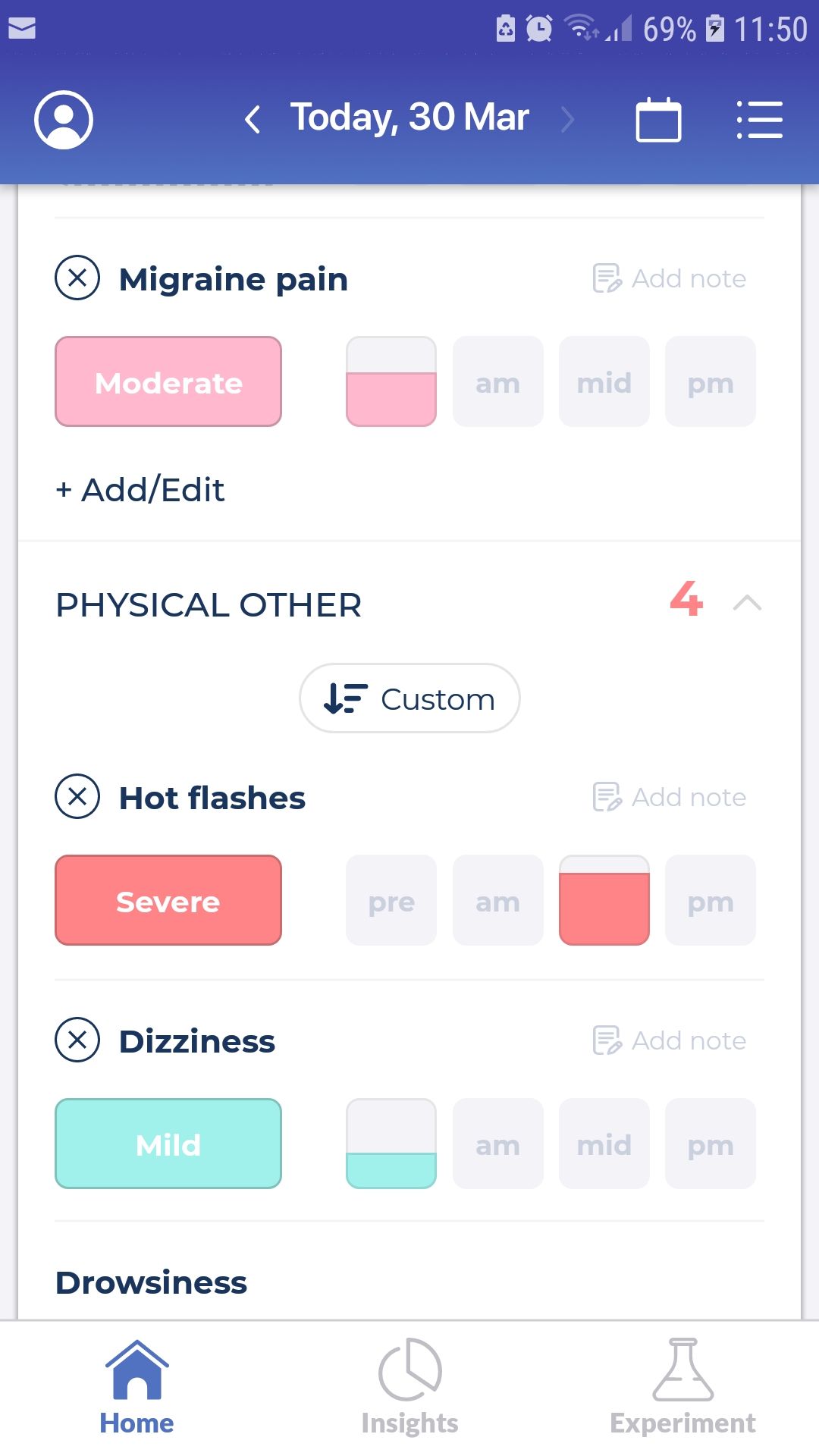 علائم فیزیکی قابل تحمل برنامه تلفن همراه Symptom Mood Tracker