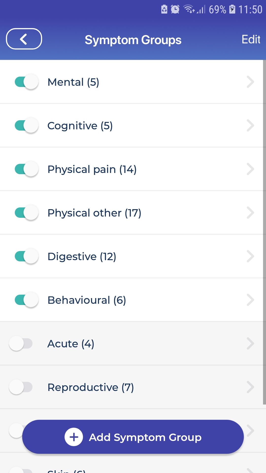 گروه های علائم قابل تحمل برنامه تلفن همراه Symptom Mood Tracker